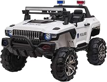 Aosom 53 L 2-Seater 12V Police Car Ride On Truck with Remote Control, Battery Operated Electric Car for Kids with Suspension, MP3 Player, Lights, Music, Horn, White