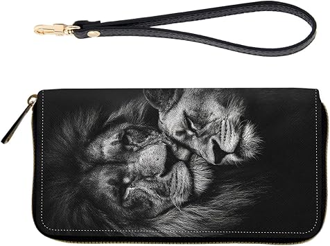 RFID-Blocking Zip-Around Wristlet for Women - Large Capacity Credit Card Holder with Detachable Strap, Fashion RFID Blocking Wallet,Black and White Lion Couple