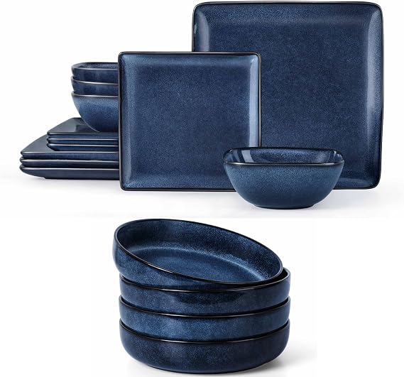 Herogo 16 Pieces Square Stoneware Dinnerware Set, Service for 4, Dinner Plates and Bowls Sets, Double Reactive Glaze Dishes Set for Kitchen, Scratch Resistant, Dishwasher Safe, Starry Blue