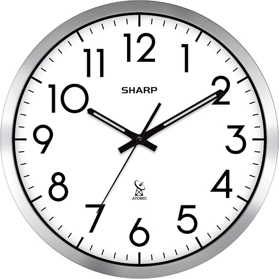 Sharp 12-Inch Atomic Wall Clock, Battery Operated, Silver Brushed Finish | Self-setting atomic time; Easy-read analog face; Automatic time adjustment; Simple setup; Battery operated; Home or office