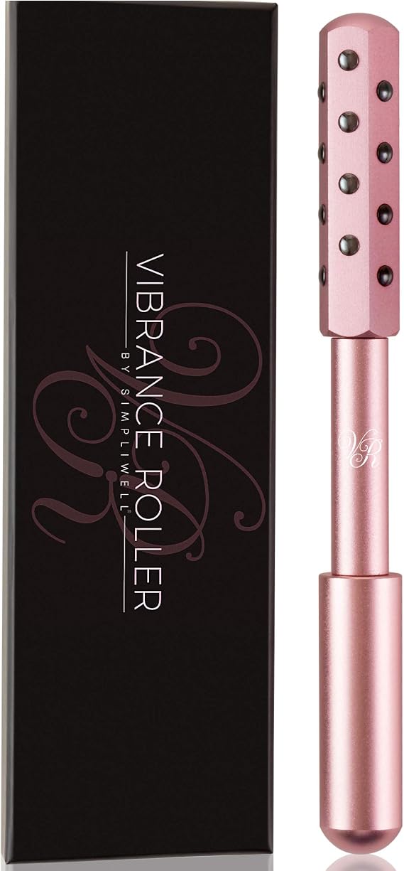 SimpliWell Face Massager - Skin Tightening, De-Puffing & Anti-Aging Rolling Tool - Rose Gold Vibrance Roller w/ 24 Germanium Stones - Uplifting Facial Skincare Tool for Puffy Eyes & Dark Circles