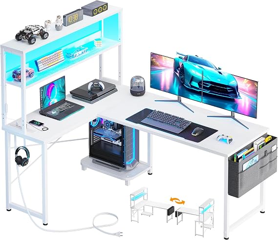 AODK Gaming Desk with Power Outlet, Computer Desk,  with Bag, L-Shaped Desk, Desk, Table, Width 135 cm,  with Rack, PC Desk, Work, Storage, Office, For Work Use, Work from Home, Easy