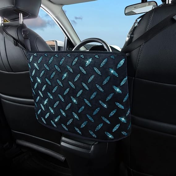 eing Crystal Car Organizers and Storage Purse Holder, Car Seat Back Net Handbag Accessories with Bling Diamonds for Women, Car Pet Barrier for Dogs and Kids,Blue