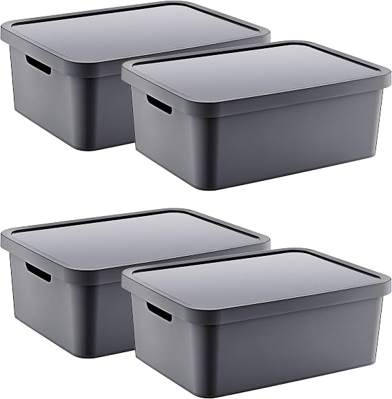 Smartware Set of 4 Stafi Multi-Purpose Lid Box Anthracite 12 LT - ANTHRACITE, Multi-Purpose Lid Box, For Home-Office-Warehouse, Lid Storage Box