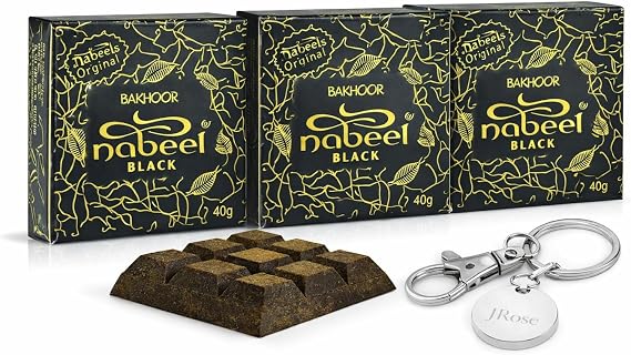 Nabeel Oudh Bakhoor Black Incense Bricks – 3 Boxes x 9 Pieces Each – Floral-Woody-Musky Long Lasting Scent with JRose Trolley Keychain – Home & Gift Set