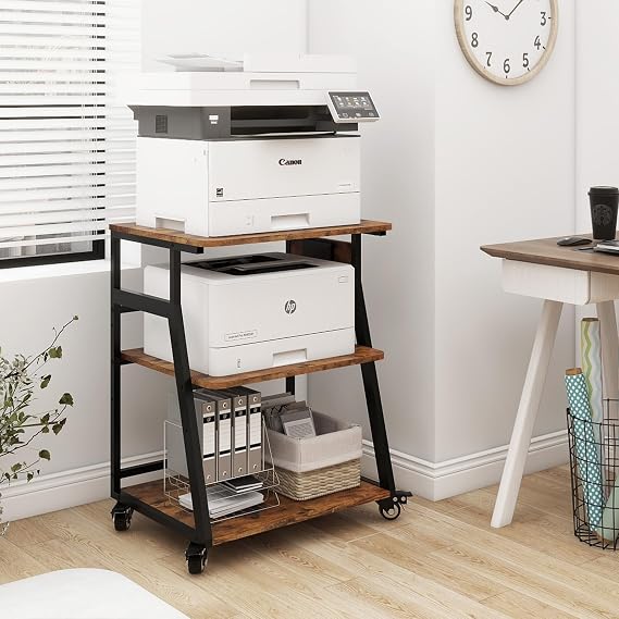 Natwind 3 Tier Large Printer Stand, 24"x20", with Charging Station,Retro | Rolling Printer Table with Adjustable Shelf for Home Office Organization, with Industrial Wheels,Safe Rounded Edge Design