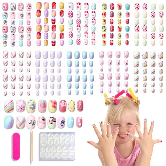 Ideal Swan 240Pcs Press on Nails for Kids, Girls Short Pre-glue False Nails