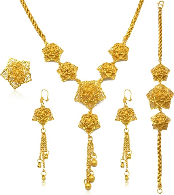 Women's Dubai Gold Jewellery Set Flower 24K Gold Plated Necklace Sets