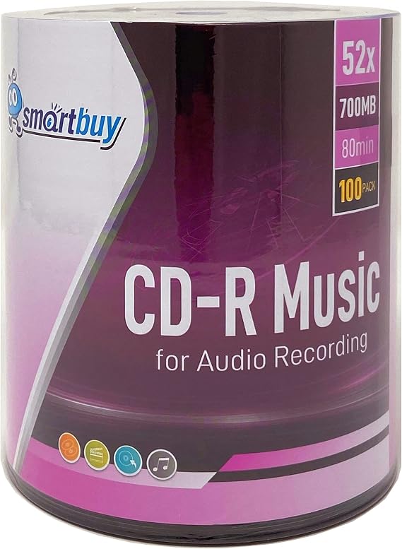 100 Pack Smartbuy Digital Audio CD-R Music 52X 700MB/80Min Logo Blank Disc