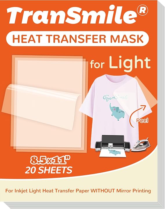 TranSmile Heat Transfer Mask for Inkjet Light Heat Transfer Paper (20 Sheets, 8.5"x11"), Clear Iron on Transfer Tape for Light Printable HTV