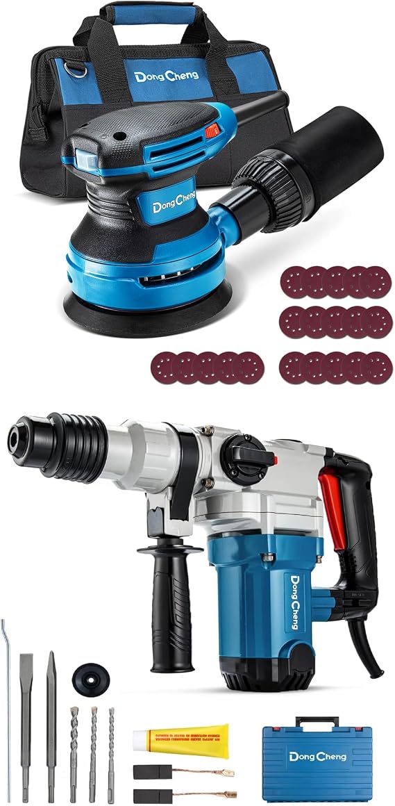 Dong Cheng 5-Inch Random Orbital Sander 380W 12800OPM Electric Palm Sander, 1-1/8 Inch SDS-Plus Rotary Hammer Drill with Safety Clutch, 9.2 Amp Heavy Duty Corded Demolition Hammer for Concre