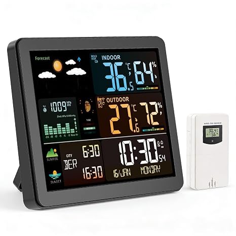 Wireless Weather Station with Outdoor Indoor Sensor, Outdoor Indoor Thermometer Hygrometer, Temperature, Humidity, Barometric Pressure, Weather Forecast for Home, Garden, Office, Digital LCD Display