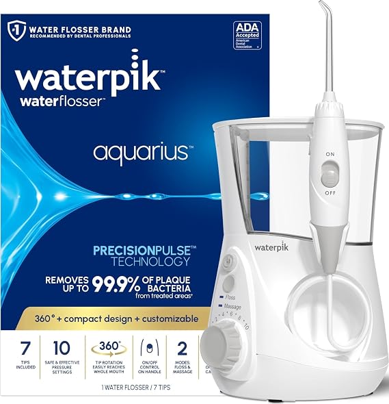 Waterpik Aquarius Countertop Water Flosser with 10 Settings, 7 Tips, White | For Daily Home Gum Health, Dental Braces, Implants, Teeth Cleaning, Multiple Users, ADA Accepted WP-660 Packaging May Vary
