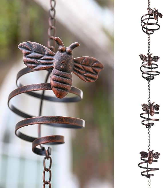Iron Rain Chains with Bee Spiral, 8-1/2 Feet Length Replacement Downspout for Gutters Outsides, Dark Bronze