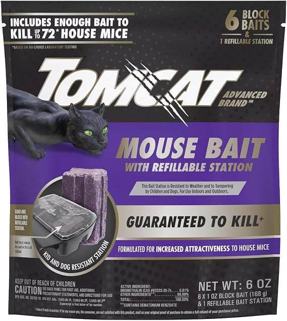 Tomcat Advanced Brand Mouse Bait with Refillable Station, Indoor and Outdoor Use, 1 Station and 6 Bait Block Refills