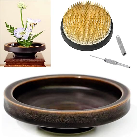 Japanese Classical Ikebana Vase Kit, Minimalist Ceramics Flower Pot Flower Shallow Container with 2.4inch Flower Frog and 2-in-1 Flower Arrangement Kenzan Needle Straightening Tool