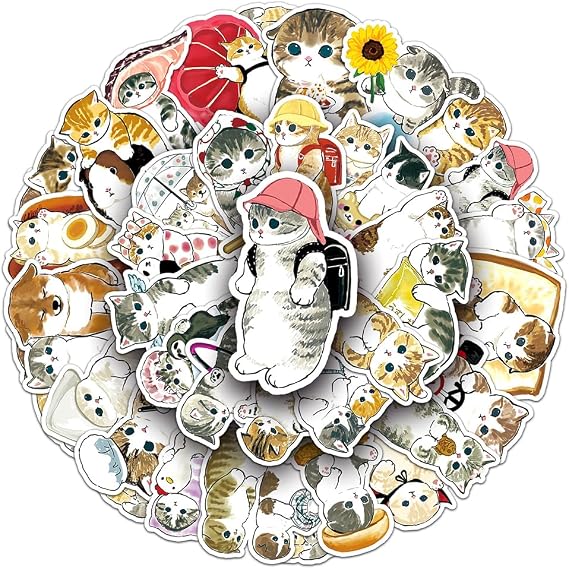 Unique Cat Vinyl Stickers, 50 PCS Waterproof Illustrated Animal Decals for Laptops, Scrapbooking, Journals, Notebooks, Water Bottles, Suitcases, Phones & DIY Decor