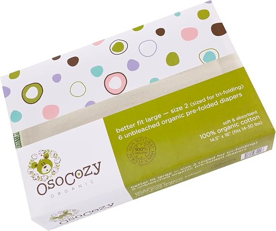 OsoCozy Organic Cotton Prefold Cloth Diapers (6pk) - Super-Soft, Thick, Absorbent, Durable and Ecologically Friendlier.