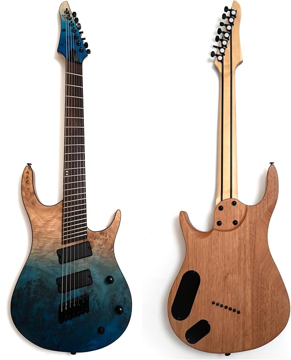 Upgrade 7-String Electric Guitar 25.5–27" – Fanned Fret Solid Body with Stainless Steel Extra Jumbo Frets, Roasted-Style 5-Piece Neck, Ocean Fade Poplar Burl Top, High-Output Ceramic Pickups
