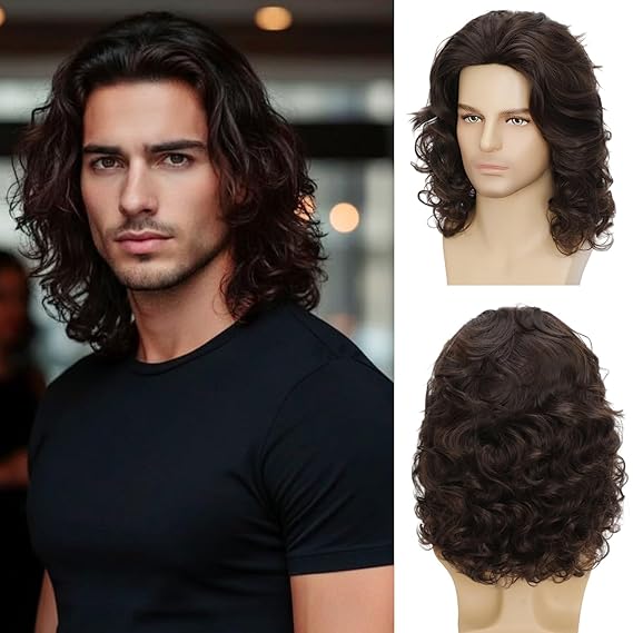 Men Brown Wig Curly Natural Medium-Length Wavy Synthetic Hair Wig with Middle Part, Heat Resistant, Retro Style for Daily Wear, Cosplay, Halloween Costume, Party