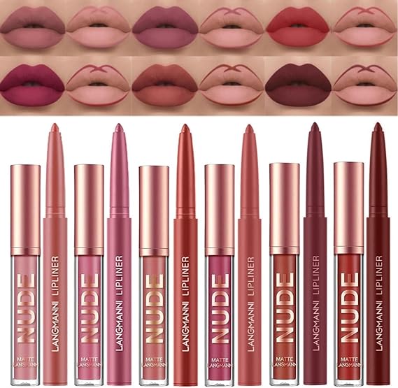 Beauty Searcher 12 pieces lipstick make-up set, 6 pieces velvety, matte, liquid lipsticks + 6 pieces lip liner pencil, waterproof, durable professional lip gloss kit lip make-up gift set
