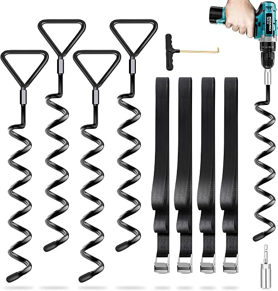 Trampoline Ground Anchor Pack of 4 Ground Anchors with Straps For screwing in trampolines outdoor Withstand High Wind