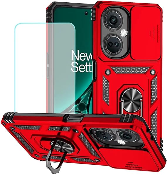 Case for OnePlus Nord N30 Case, OnePlus Nord CE 3 Lite 5G Case with Tempered Glass Screen Protector and Slide Camera Cover, 360 Rotate Ring Stand Magnetic Cover for OnePlus Nord N30 5G Red