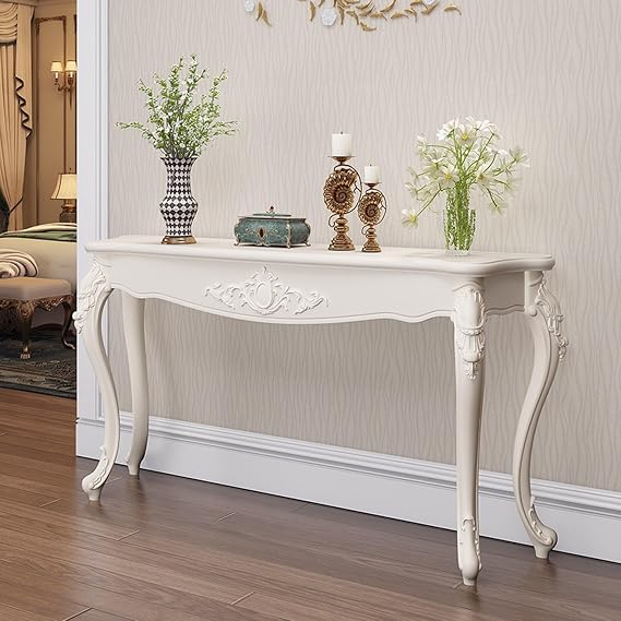 Elegant White Console Table with Gold/Silver Trim, Vintage Entryway Table, Accent Table, Easy Assembly, for Living Room, Entrance, Hallway, Foyer(Silver,160cm/63in)