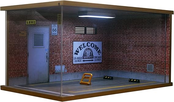 1:18 Scale Model Car Display Case - 1:18 Car Garage Display Case with Clear Acrylic Cover and LED Lighting for Diecast Vehicles 1 Parking Route 66-Left