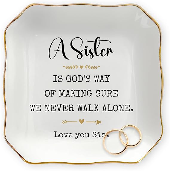 OASSIE Sister Birthday Gifts for Women - We Never Walk Alone 4"X4" Ceramic Jewelry Dish Tray Birthday Big Sister Gifts for Girls Women Sister-in-Law