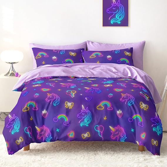 Wake In Cloud - Unicorn Bedding Set for Girls, Neon Unicorns Rainbow Strawberry, Soft Lightweight Comforter Set with Sheets, 5 Pieces Kids Bed in a Bag, Dark Purple, Twin Size