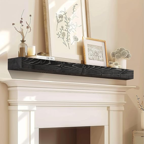 Fireplace Mantel 48'' Solid Wood Floating Shelf, 3'' Thick, Black