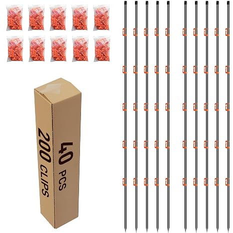 76Inch Electric Fence Posts 40Pack, Fiberglass Fence Post with 200 Adjustable Clips for Garden, Step-in Temporary Fence Stakes for Patio Yard Farm, Glass Fiber Fencing for Livestock Horse Cattle