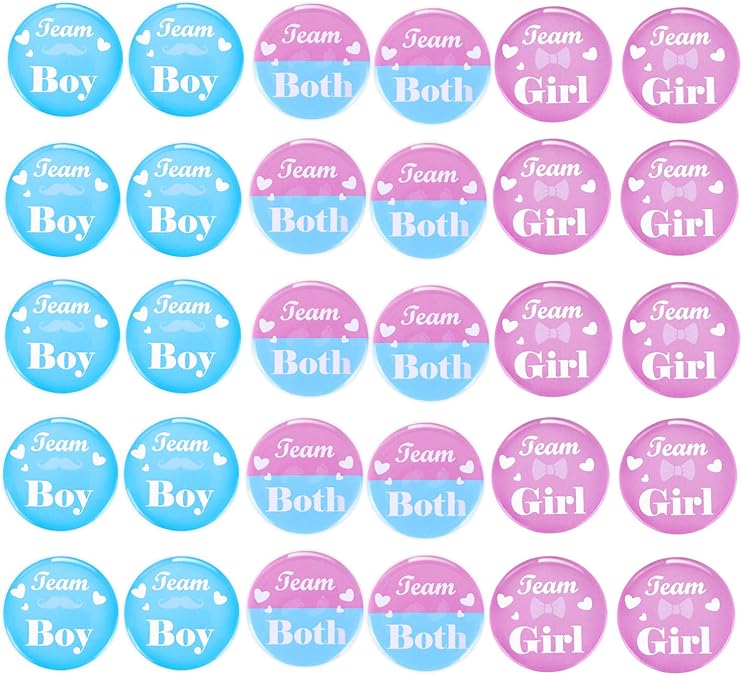 Yaomiao 30 Pieces Gender Reveal Button Pins 1.5 Inches Boy or Girl Pins Bulk Twin Gender Reveal Baby Clothes Decorations Baby Shower Party Favors for Guests Pink and Blue Badge Supplies