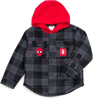 Marvel Spider-Man Plaid Flannel Hooded Shacket with Fleece Lining Toddler to Big Kid Sizes 3T - 14-16