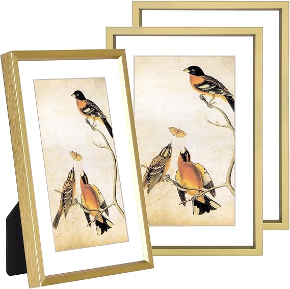 BKABOT 5x7 Brass Metal Photo Frame HD Glass 3 Pack 4x6 Mat Tabletop & Wall