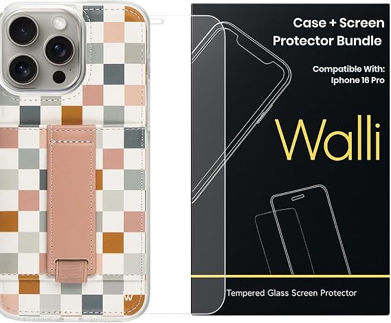 Walli Bundle for iPhone 16 Pro Aesthetic Wallet Case with Card Holder, Kickstand & Finger Strap + Military-Grade 9H Tempered Glass Screen Protector | Cute, Durable & Functional Protection