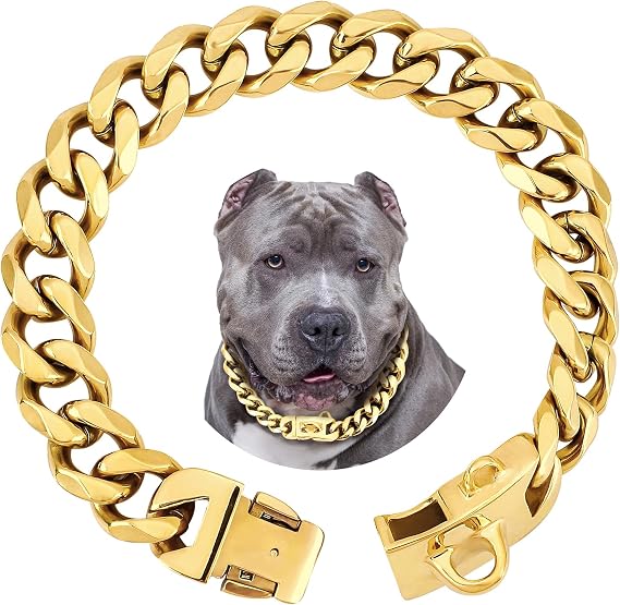 BAOBOTE 19mm Gold Chain Dog Collar,Luxurious Cuban Link Dog Collar