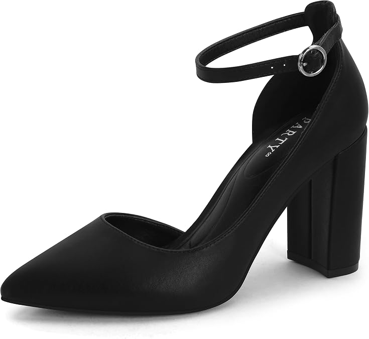 PARTY Women's Closed Toe Pumps 3-Inch Chunky Heels Pumps Ankle Strap Dress Wedding Shoes,Black Pu A,8,S1
