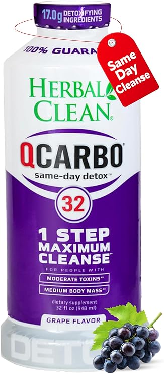 Herbal Clean Qcarbo32 Same Day Detox Cleanse Drink (32 fl oz) - Grape Flavor Full Body Cleanse* Detox Drink for Moderate Toxin Level*, Vitamin B2 and Vitamin B12 for Men & Women