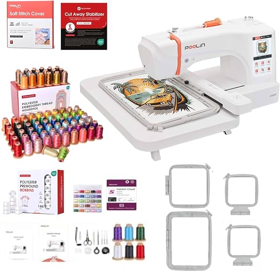 Poolin EOC07 Embroidery Machine Bundle 80 Colors Thread Set + 144pcs Prewound Bobbins + Soft Stitch Cover, Large Area Kit for Creative & Comfortable Embroidery