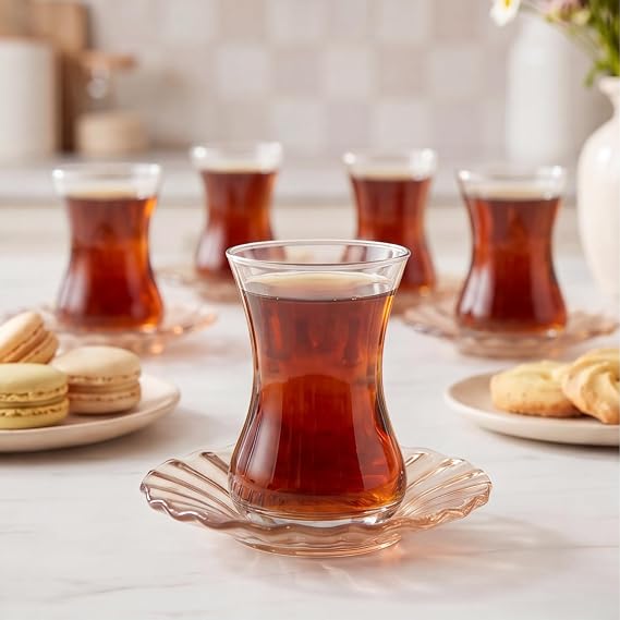 Karaca Luna 12-Piece Turkish Tea Cups for 6 People, 4.4 fl oz Turkish Tea Glasses Set with Elegant Light Brown Glass Saucers