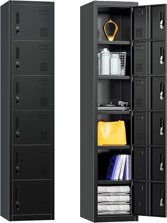Greenvelly Metal Locker, 6-Tier Metal Lockers for Employees with Locking Doors, Lockable Steel Locker Storage for Office, School, Gym, Home (Black)