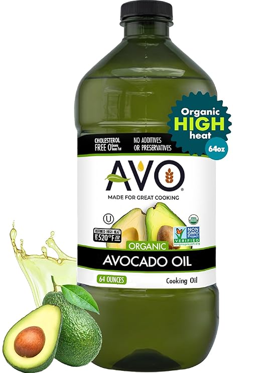 AVO Organic Avocado Oil, 64 Fl Oz, Cooking & Frying, No Preservatives | Great for Baking, Salads, Vinaigrette & Marinades. High Smoke Point 500F. Half Gallon Size, No Additives