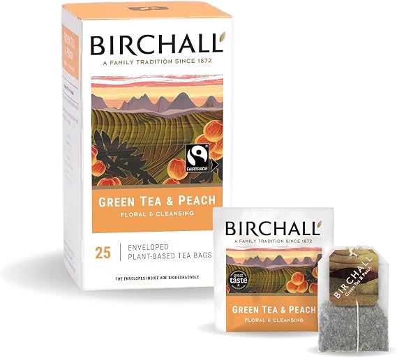 Birchall Tea | Green Tea & Peach | Green Tea Infusion | 1 Pack of 25 Enveloped Plant-Based Tea Bags