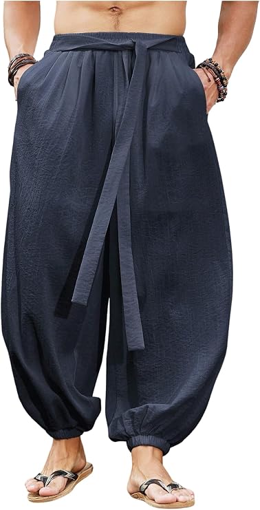 OYOANGLE Men's Harem Pants with Pocket Baggy Hippie Loose Fit Elastic Waist Wide Leg Japanese Pants