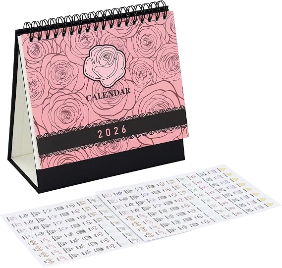 Desk Calendar 2025-2026 Standing Flip, Monthly Desk Calendar July 2025-December 2026, 6.5" x 6.5" Flip Calendar for Desk, Office Calendar with Stickers(Elegant Rose)