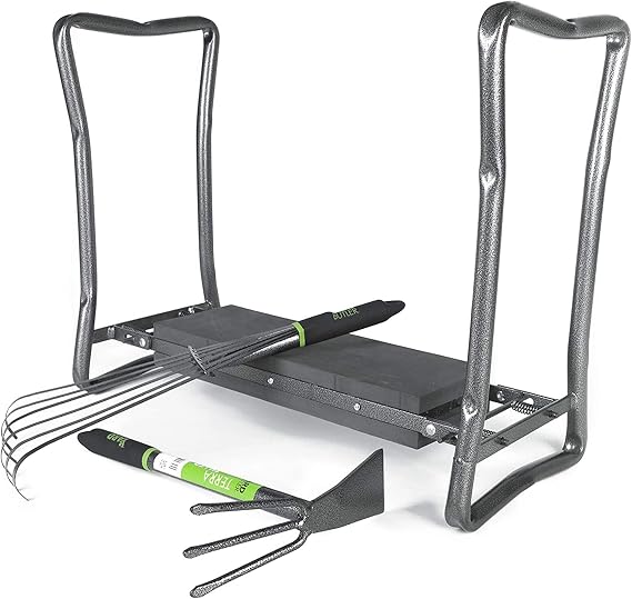 Yard Butler Garden Kneeler Bundle - 2-in-1 Kneeler & Seat Combo with Terra Rake & Terra Tiller - Ergonomic Design - Powder Coated Steel - Portable - Versatile Gardening Tool Set for Comfort