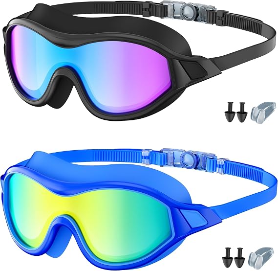 Priksia Swimming Goggles, 2 Pack Swim Goggles Wide View Anti Fog UV Protection No Leaking Clear Vision For Adult Women Men Youth(Black + Blue)