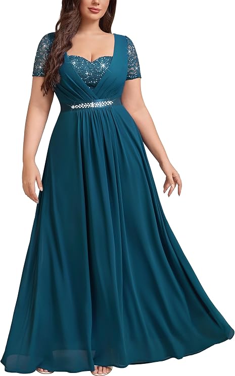 MISSMAY Women's Plus Sequins Lace Chiffon Prom Formal Maxi Dress | Plus Size Mother of the Bride/Groom Dress, Sweetheart V Neck,Rhinestones Ribbon Waist,A-line,Wedding Dress,Evening Gown